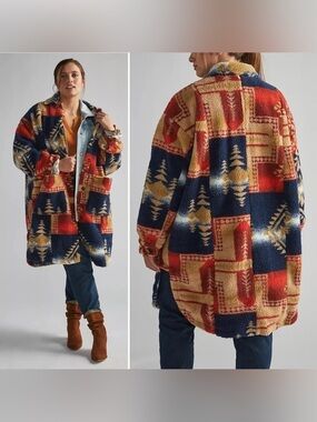 Pilcro Leopard Sherpa Duster Jacket XS Oversized Aztec Anthropologie Teddy